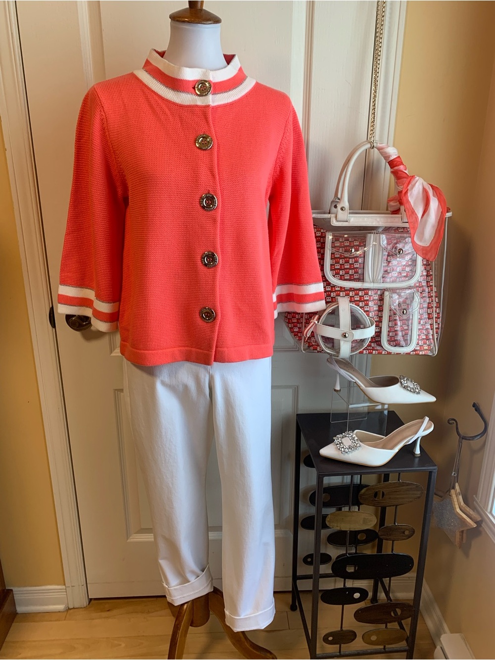 Bob Mackie Coral Knit Cardigan with White Trim